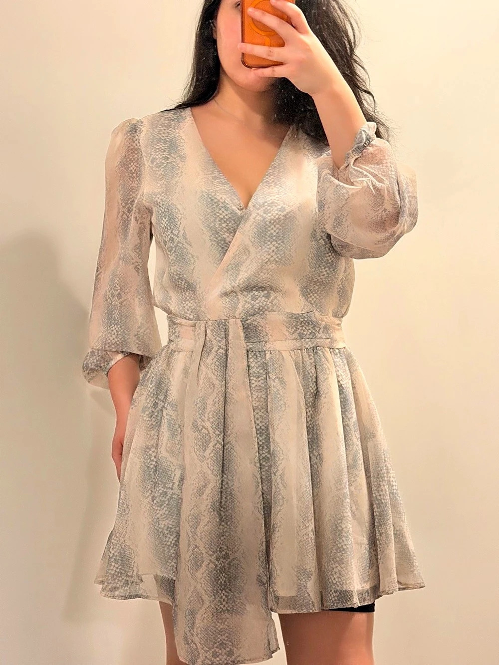 Steve Madden Milos Long Sleeve Wrap Minidress Cream & Blue Like New